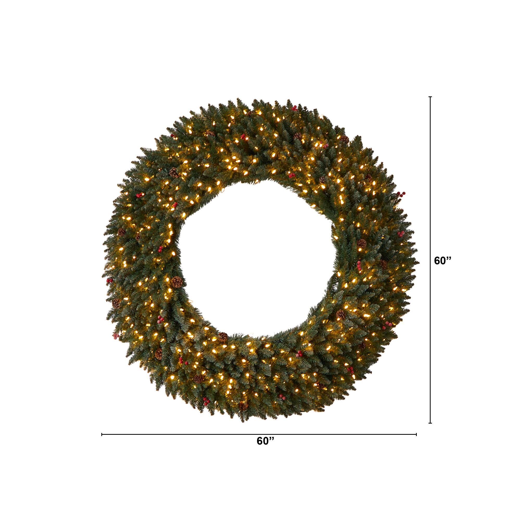 5ft. Clear LED Lights Flocked Artificial Christmas Wreath With Pinecones & Berries